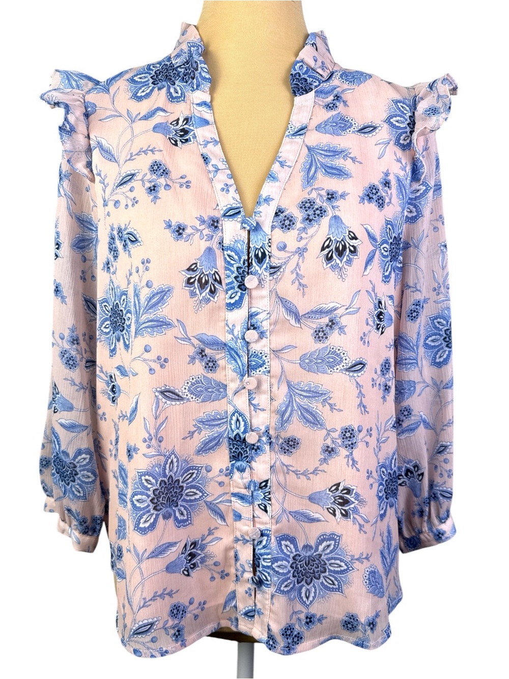 VICI Pink Blue Floral Ruffle Sleeve Button Front Blouse Top Women’s Size S